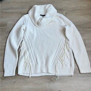 WHBM White Wool Knit Oversized Fringe Sweater SZ L